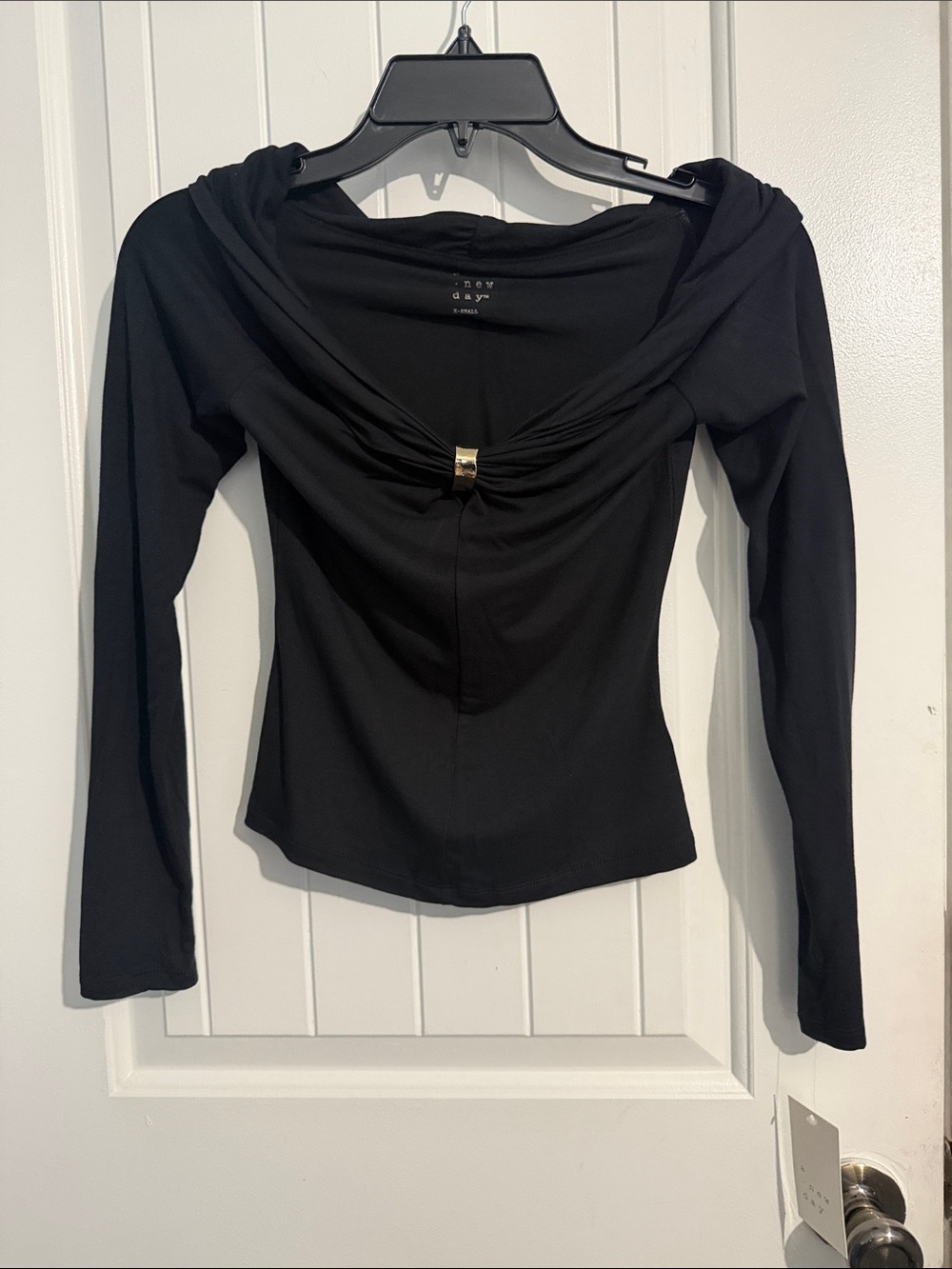 Women’s Black Long-Sleeve Draped Front Top with Gold Accent off the shoulders